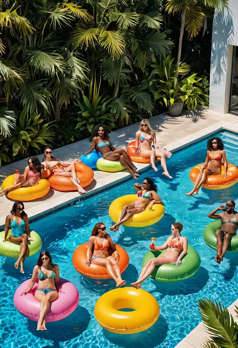 A vibrant summer scene featuring a diverse group of people enjoying a sunny day by a luxurious poolside, showcasing various stylish swimwear options. Include floaties, cocktails, and tropical plants to enhance the lively atmosphere. Emphasize bright colors, fun patterns, and different body types to reflect inclusivity and joy. Capture the essence of relaxation and celebration. super-realistic. vibrant colors. 3D.